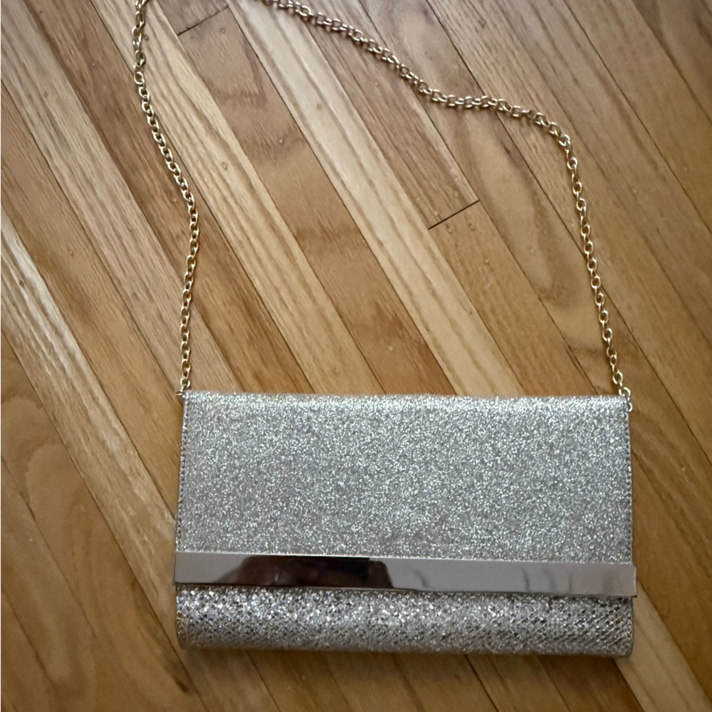 Silver Glitter Clutch with Chain Strap